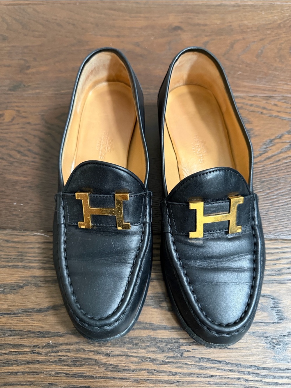 AUTHENTIC Hermes Constance Black Leather Loafers with Gold Hardware